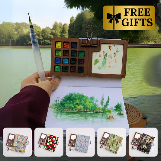 Portable Watercolor Kit 15-Color - Palette Set with Brush for Sketch Journals, Hobby Art & Gifts for Artists, Him and Her, Brithday Gift Set