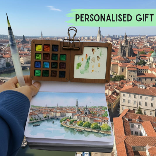 Custom Walnut 15 Watercolor Palette, Grandpa Gifts, Portable Paint Box with Custom Engraving, Travel Watercolor Kit with Sketchbook