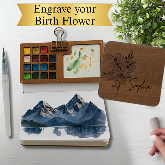 Personalised Birth Flower 15-Color Travel Watercolor Palette, Engraved Foldable Watercolor Paint Box, Birthday Gifts, Christmas Gifts