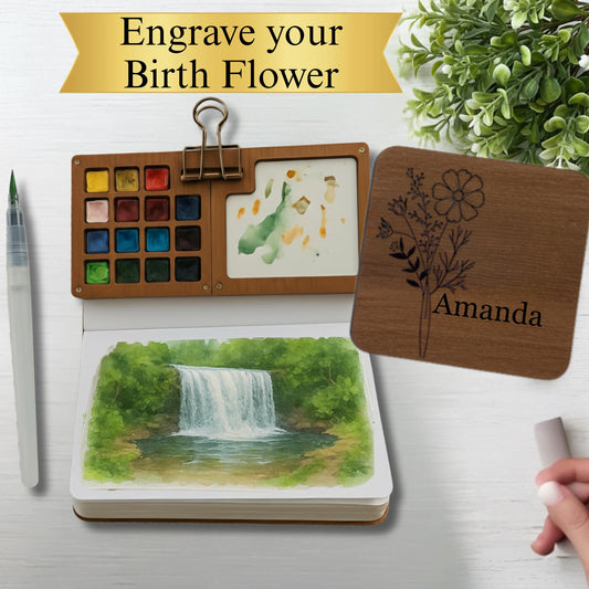 Birth Flower Paint Palettes,Portable Travel Watercolor Palettes Set,Mini sketchbook,Wooden Grid Paint Box for Painters Artists,Birthday Gift
