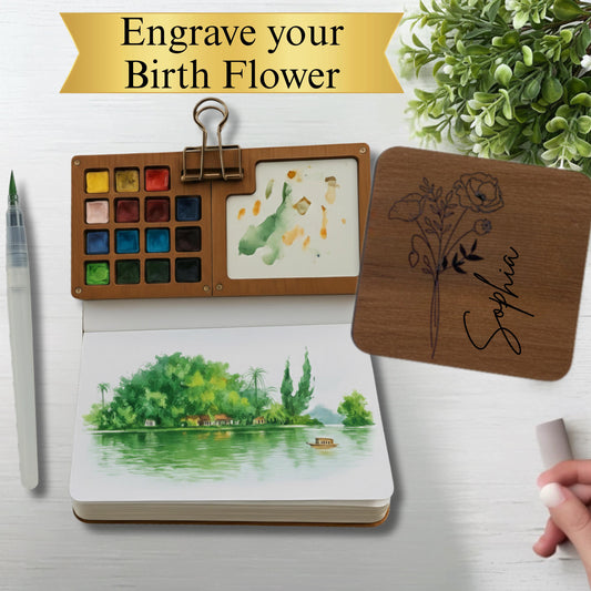Birth Flower Paint Palettes, Portable Travel Watercolor Palettes Set, Mini Sketchbook, Wooden Grid Paint Box for Painters Artists