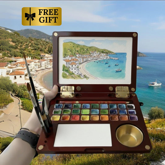 Portable Travel Palette with 27 Wells, Watercolor Paint Box,Wood Art Travel Box & Palette,Travel Portable Painting Kit,Birthday Gift