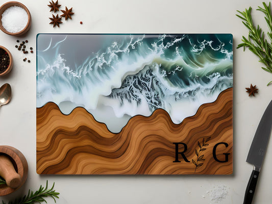 Personalized Glass Charcuterie Board Gift, Epoxy River Resin Cutting Serving Board Design, Olive Wood Blue Ocean Beach Pearl Kitchen Decor