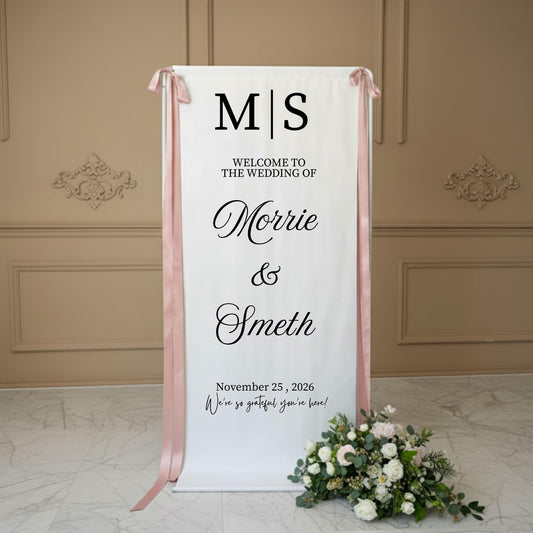 Wedding Welcome Sign, Fabric Wedding Banner – Custom Wedding Sign with Stand, Outdoor Ceremony Decor, Minimalist Wedding Entrance Sign