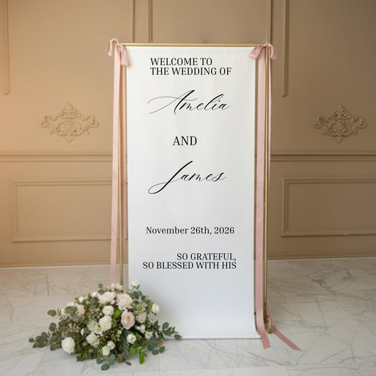 Custom Wedding Welcome Sign: Fabric Banner with Gold Stand
