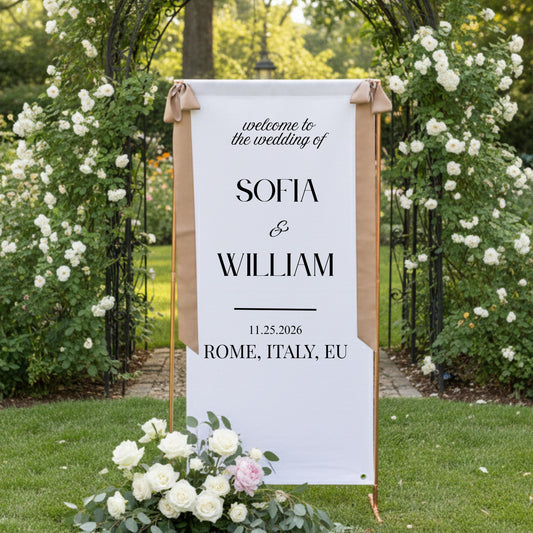 Custom Wedding Welcome Sign: Modern Fabric Banner with Gold Stand