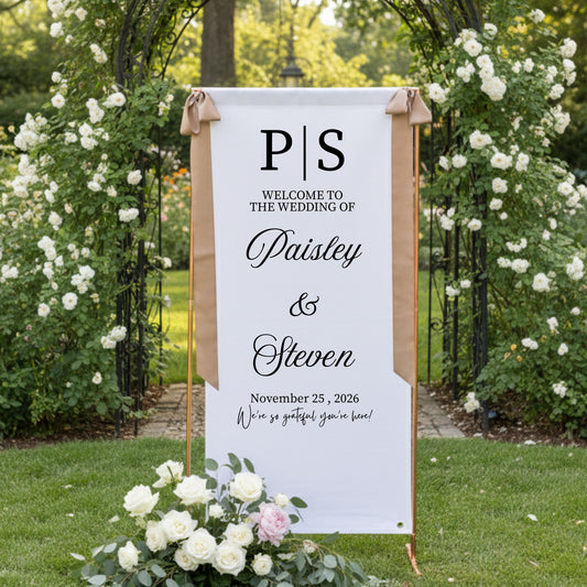 Custom Fabric Wedding Welcome Sign: Gold Stand, Personalized Decor