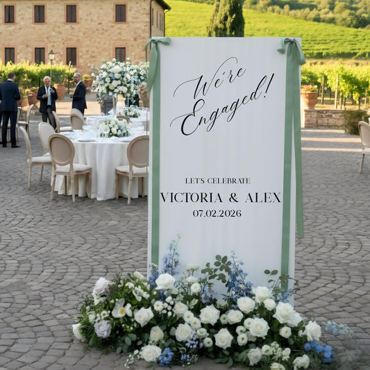Personalized Engagement Party Welcome Sign, Custom Engaged Announcement Banner, Minimalist Bach Party Tapestry, Simple Bridal Decor Backdrop