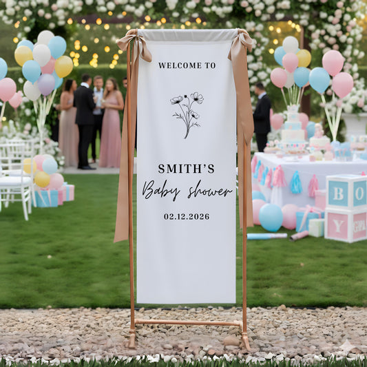 Personalized Baby Shower Welcome Sign, Custom Linen Baby Shower Sign, Fabric Baby Name Banner, Boho Baby Shower Decor, Welcome Wedding Sign