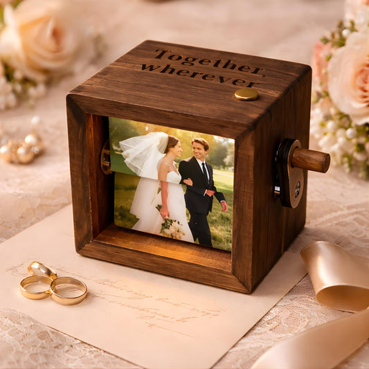 Personalized Photo Flipbook Box with Light, Custom Wooden Crank Photo Animation | Engraved Picture Box Gift for Couple, Wedding, Anniversary