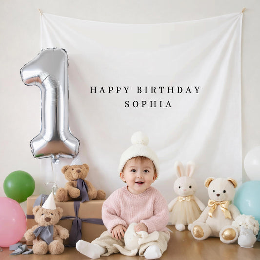Custom Birthday Banner, Personalised Birthday Name Flag, Birthday Backdrop, Fabric Sign, Birthday Tapestry, White Birthday Boho Wall Art