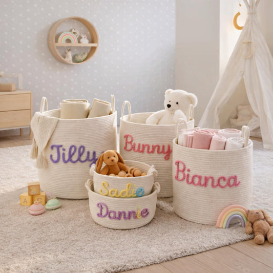 Hand Embroidered Baby Name Basket, Mothers Day Gift, Personalized Newborn Gift, Handmade Rope Basket, Easter Gift, Baby Shower Basket