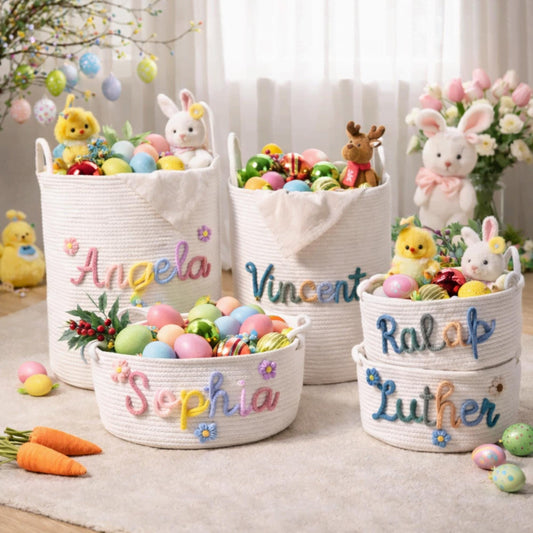 Personalized Easter Basket with Name, Handwoven Rope Basket, Easter Bunny Gift for Kids, Easter Egg Hunt Basket, Baby Shower Gift