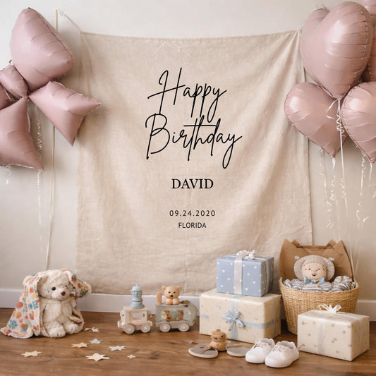 Custom Birthday Banner, Personalized Name Fabric Flag, Boho Birthday Wall Decor, Linen Birthday Sign