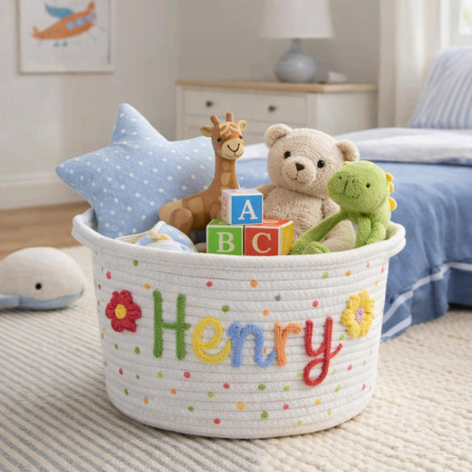 Personalized Polka Dot Rope Basket | Custom Name Embroidery | Toy & Book Organizer | Colorful and Fun Storage Solution | Perfect Baby Gift