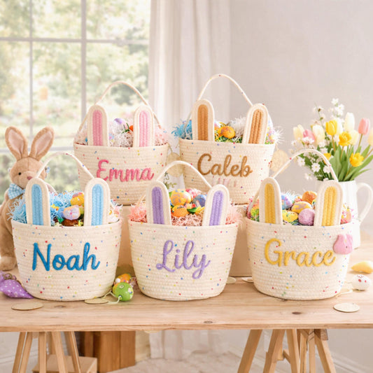 Personalized Easter Basket for Kids,Custom Name Basket,Rope Cotton Baby Gift Basket,Easter Egg Hunt Basket,Baby Shower Gift,Bunny Basket