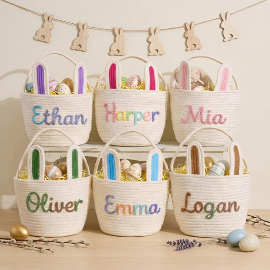 Personalized Bunny Easter Basket, Custom Name Baby Easter Gift Basket, Easter Egg Hunt Basket, Cotton Rope Storage Basket, Easter Bucket