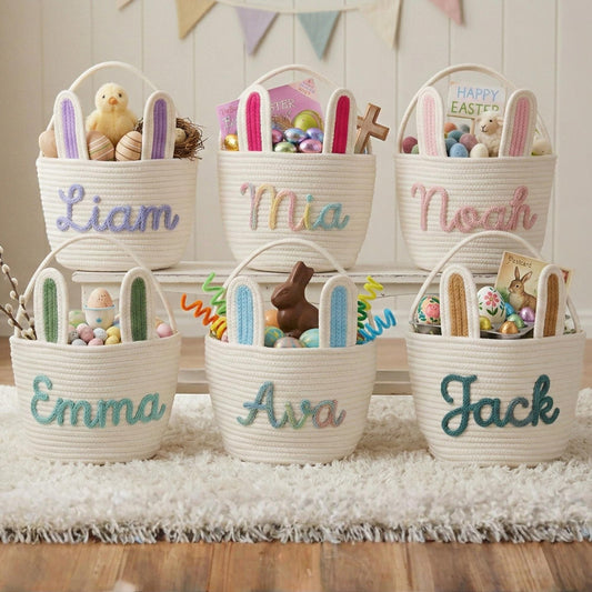 Large Easter Egg Hunt Bucket | Sturdy Rope Basket with Handle | Custom Name Carrier | Kids Spring Party Favor