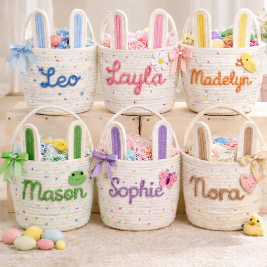 Personalized Easter Basket for Kids,Custom Name Basket,Rope Cotton Baby Gift Basket,Easter Egg Hunt Basket,Baby Shower Gift,Bunny Basket