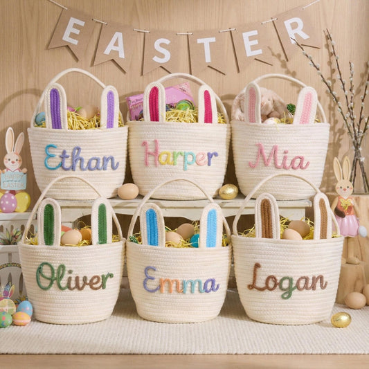 Personalized Easter Basket for Kids,Custom Name Basket,Rope Cotton Baby Gift Basket,Easter Egg Hunt Basket,Baby Shower Gift,Bunny Basket