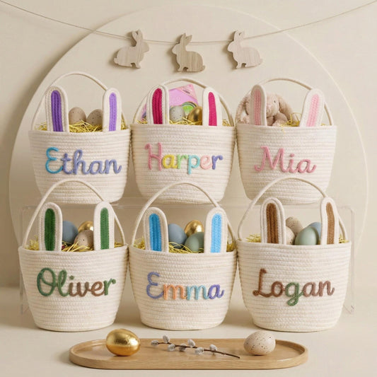 Personalized Easter Basket,Custom Name Basket for Kids,Easter Gift for Kids,Easter Egg Hunt Gift Basket,Rope Cotton Baby Basket,Bunny Basket